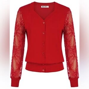 GRACE KARIN Women's Red Lace Cardigan Sweater V Neck Button Front NEW Small